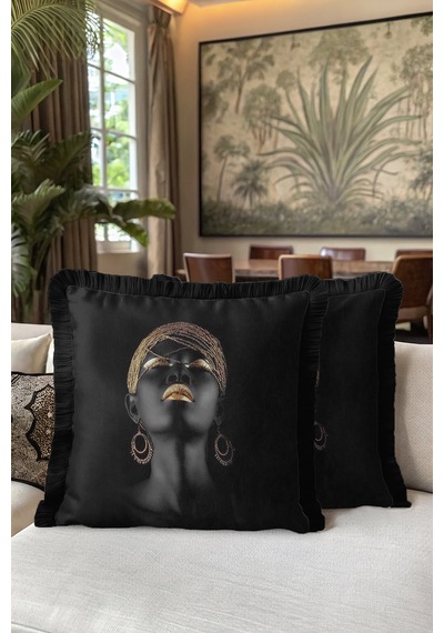 Lüks Afro Portre Saçaklı Yastık Kılıfı - Afrika Esintili Bohem Siyah Püsküllü Kırlent Kılıfı Koyu Gece Kahve