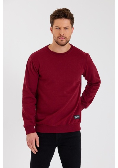MMetalic Bisiklet Yaka Etiket Detayı İçi Pamuklu Erkek Sweatshirt Bordo