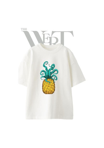 Thewert Ananas Ahtapot Tasarım Baskılı Ünisex Beyaz Oversize T-shirt