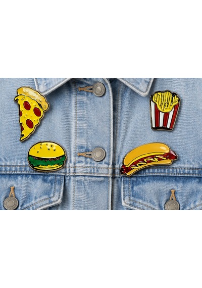 Fast Food Temalı 4'lü Metal Emaye Rozet Seti Pizza,hamburger,patates Ve Sosisli Rozet Gri