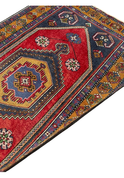 El Dokuma Eskitme İnce Yahyalı 101x175 Kırmızı Lacivert Yün Halı Kırmızı