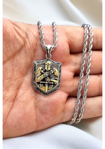 Ak Store Silver Gümüş Kaplama Krom-Çelik Erkek Kolye Madalyon Spartalı Şovalye Kalkan Gümüş
