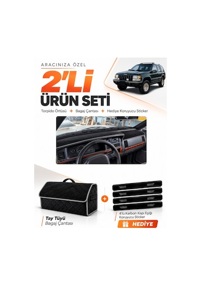 E-biz Jeep Grand Cherokee 1993-1998 Uyumlu Torpido Örtüsü + Tay Tüyü Çanta - Siyah-gri - Je001