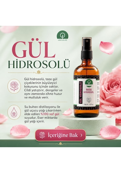 % 100 Saf Doğal Gül Hidrosolü 100 Ml Gül Suyu