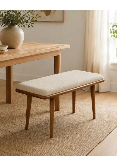 Ganni Home Oslo Bench Krem Ceviz Gürgen İskeletli, Döşemeli Modern Yemek Odası Bench Krem - Ceviz