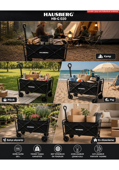 Hausberg Camping Katlanır Kamp Arabası 360 Dönen Kalın Tekerlekli Katlanabilir Vagon, Su Geçirmez Plaj / Pazar / Piknik / Bahçe Taşıma Arabası Siyah Hb-g 020