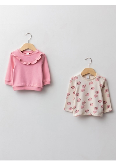 LC Waikiki Lcw Baby Pembe Bisiklet Yaka Uzun Kollu Kız Bebek Sweatshirt 2'li Pınk