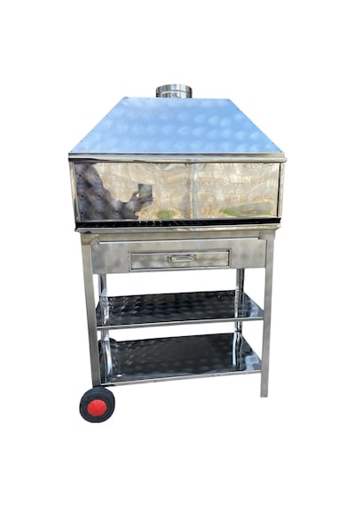 Paslanmaz Kömürlü Mangal 40 X 80 Cm Bacalı Barbekü Çekmeceli Tekerlekli Gri