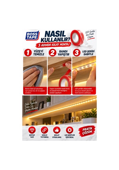Led Yapıştırma Bandı 6 Metre 10 Mm Şeffaf Çift Taraflı Güçlü Led Şerit Sabitleme Bandı