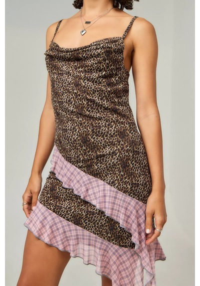 Nature The Brand Leopar Desenli Asimetrik Kesim Mini Elbise Leopar