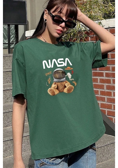 Unisex Nasabear Baskılı T-shirt Yeşil