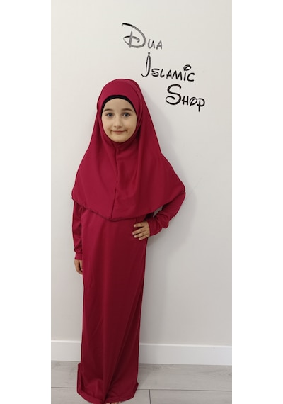 Dua İslamic Shop Kız Çocuk Tek Parça Namaz Elbisesi Bordo