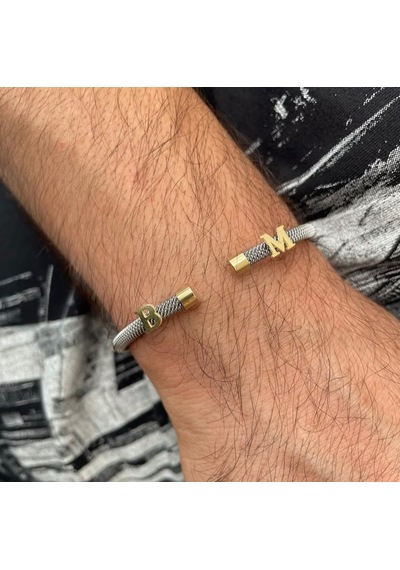Simurg Jewellery 14 Ayar Altın Harfli Beyaz Çelik Bileklik Sarı - Beyaz