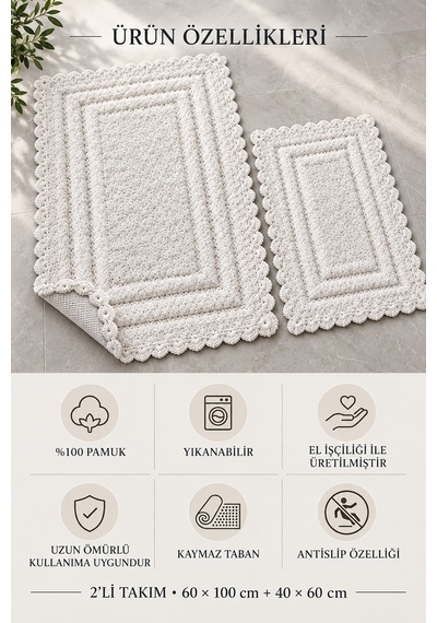 Alanur Bodrum Tufting Cotton Pamuklu El Işi Örgülü 2 Li Paspas 110 Beyaz