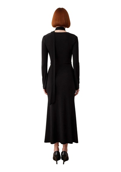 Ersefa Kadın Fashion Forward Bodycon Kesim V Yaka Kuşak Detaylı Maxi Elb Siyah
