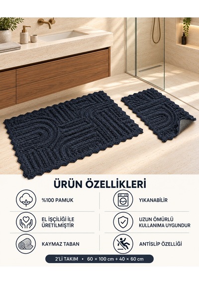 Alanur Bodrum Tufting Cotton Pamuklu El Işi Örgülü 2 Li Paspas 113 Siyah