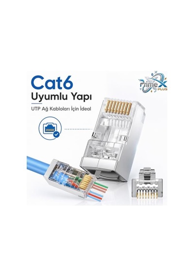 Primex Px-660m6 Cat6 Metal Rj45 Jack Utp Konnektör, 100 Lü Paket Yeni Nesil Ethernet Ağ Kablosu Ucu, Metal Gövdeli Cat6 Rj45 Plug, Network Lan İnternet Kablosu Sonlandırma Konnektörü
