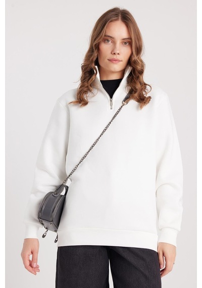 Tudors Kadın Relax Fit Rahat Kesim Pamuklu İçi Polarlı Yarım Fermuarlı Beyaz Dik Yaka Sweatshirt-37887 Beyaz