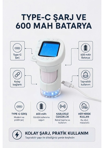 4berry Taşınabilir Fotoğraf Çekebilen Dijital Mikroskop 1000x 2.4 Ips Ekran, 2 Mp Kamera, 8 Led Işık, Type-c Şarjlı Beyaz