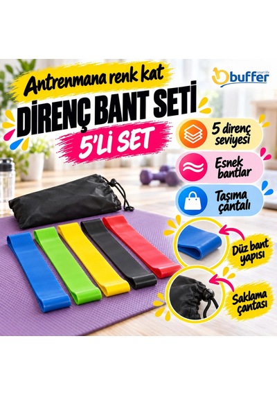 Ultra Emici 5'li Direnç Bant Seti İle Fit Kalın Taşıma Çantası Dahil Çok renkli