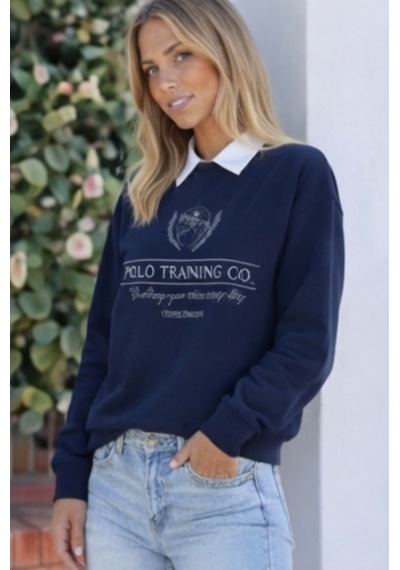 Modeva Global Kolej Yaka Detaylı Polo Baskılı Kadın Lacivert Sweatshirt Lacivert