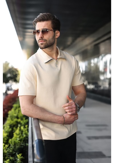 Madmext Bej Yarım Fermuar Detaylı Polo Yaka Erkek Tişört E7184