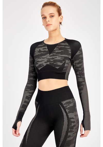 Maraton Active Slimfit Kadın Bisiklet Yaka Uzun Kol Fitness Siyah Crop Top 816013 SIYAH