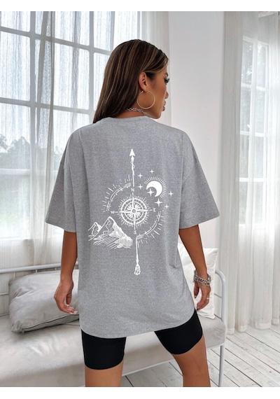 Pusula Baskılı Oversize Unisex Tişört Gri