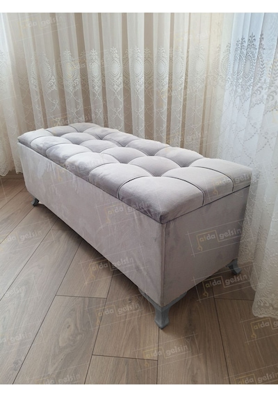 Çizgi Kapitoneli Sandıklı Puf Bench 120 Cm Gümüş Ayak Gri