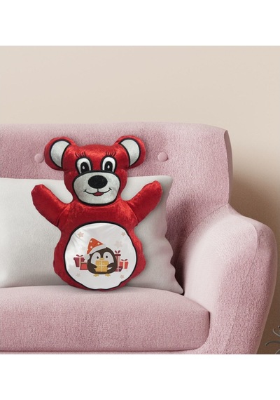 Bk Gift Sevimli Penguen Tasarımlı Kırmızı Ayıcık Yastık-1
