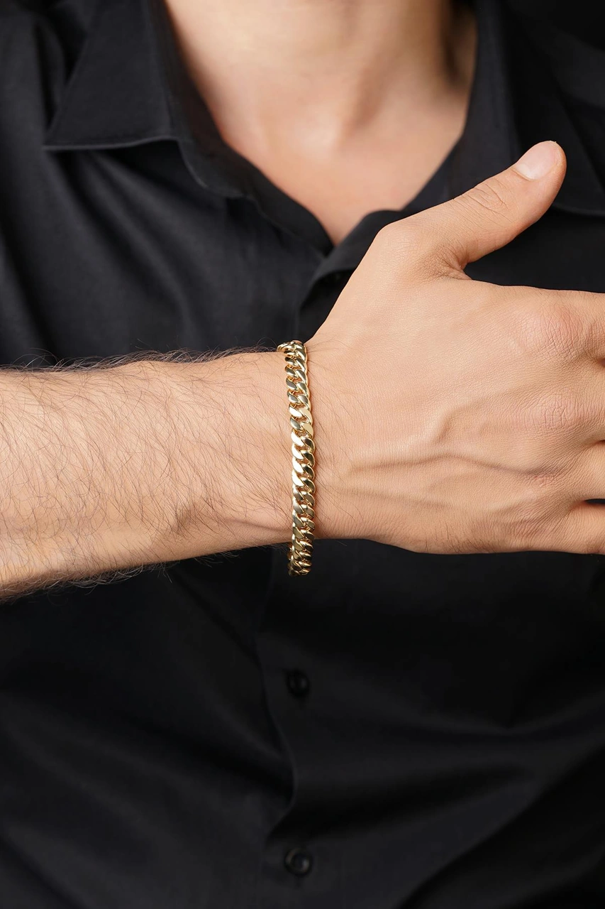 14 Ayar Altın Gurmet Zincir Erkek Bileklik 8 Mm Sarı Altın