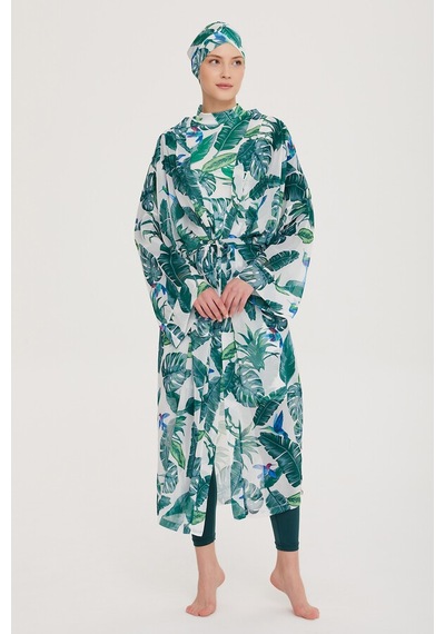 Remsa Mayo Remsa Tesettür Mayo Üzerine Tek Kaftan Kimono Pareo Rp017 Yeşil Yapraklar Yeşil