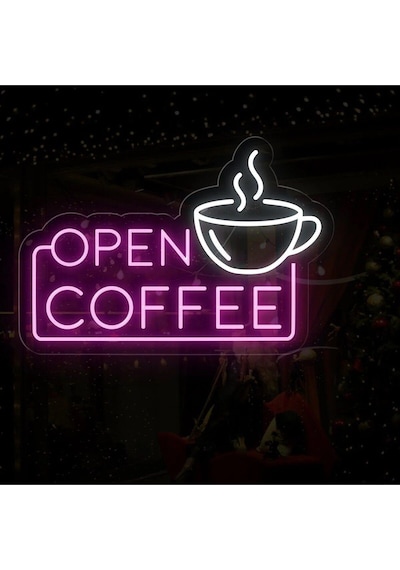 Open Coffee Yazılı Ve Şekilli Neon Tabela Pembe