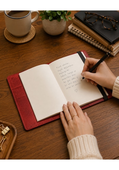 Bilikolik Hakiki Deri A5 Defter Kılıfı, El Yapımı, Telefon Cepli Ajanda Organizer, Defter Ve Kalem Dahil Kırmızı