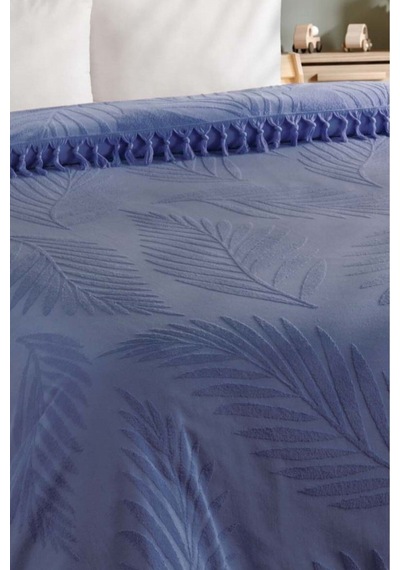 Çift Kişilik Saçaklı Havlu Yatak Örtüsü - %100 Pamuk & Yumuşak & Saçaklı Pike - 220x240 Cm - İndigo İndigo