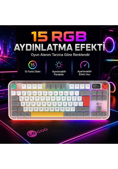 Lecoo Gk302 Üç Modlu Rgb Kablosuz 85 Tuşlu Türkçe Q Membran Oyuncu Klavyesi Beyaz Gri