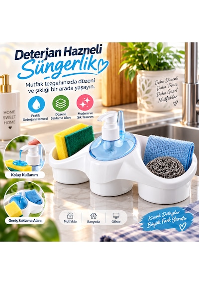 Deterjan Hazneli Süngerlik Mutfak Lavabo Düzenleyici 3 Bölmeli