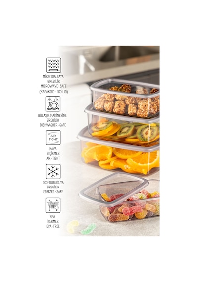 Vienev 4lü Hava Geçirmez Saklama Kabı Seti Antrasit 1x 250-500-750-1200 Ml Antrasit