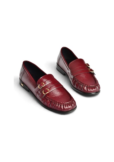 Fox Shoes Z820024208 Bordo Rugan Büzgü Detaylı Çift Tokalı Loafer Ayakkabı