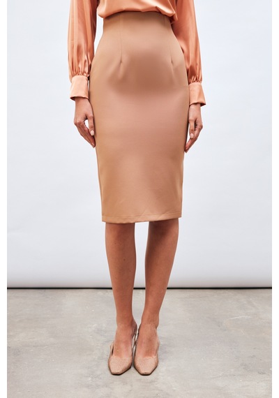 Sateen Düz Kalem Etek - Camel