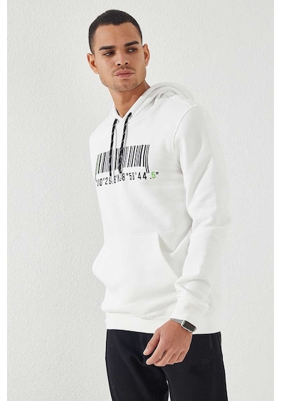 Tommy Life Ekru Nakışlı Kanguru Cep Standart Kalıp Kapüşonlu Erkek Sweatshirt - 87839 Ekru