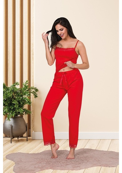 Myben Kadın Kırmızı Renkli Pamuklu Likralı Askılı Dantel Detaylı Pijama Takımı 28451 Kırmızı