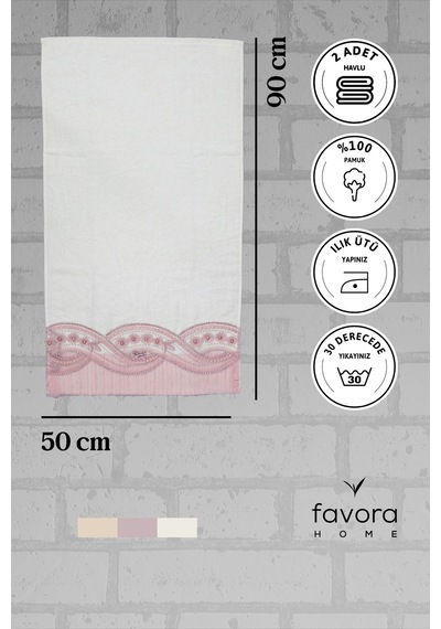 %100 Pamuk Fiyonk Güpürlü Çeyizlik 2'li Havlu 50x90 - Pudra Pudra