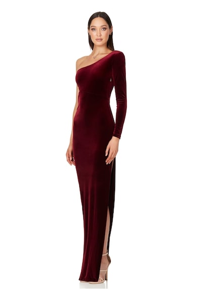 Hanife Glam Couture Hanife Glam Tek Kol Kadife Elbise Bordo