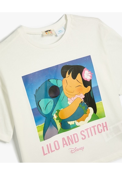 Koton Stitch Crop Tişört Lisanslı Kısa Kollu Bisiklet Yaka Pamuklu Ekru 4skg10400ak Ekru