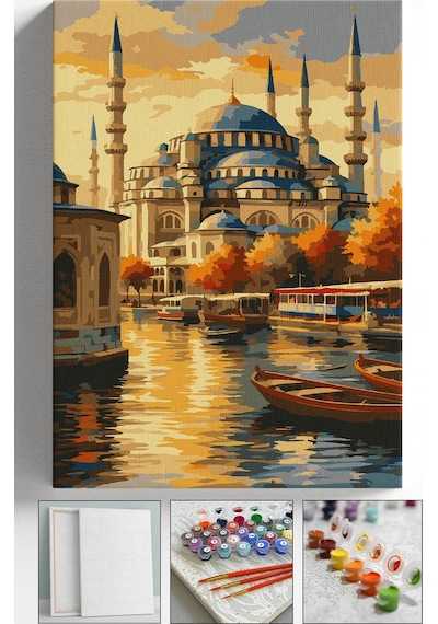 Sayılarla Boyama Seti Numaralı Tuval Fırça Boya Askı Aparatı Dahil Set 40x50 Cm - Camii Manzara