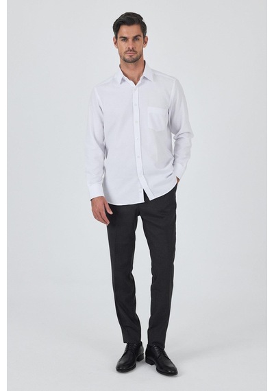 İmza Uzun Kol Desenli Armürlü Sert Yaka Cepli Pamuklu Classic Comfort Fit Gömlek 1004250187 Beyaz