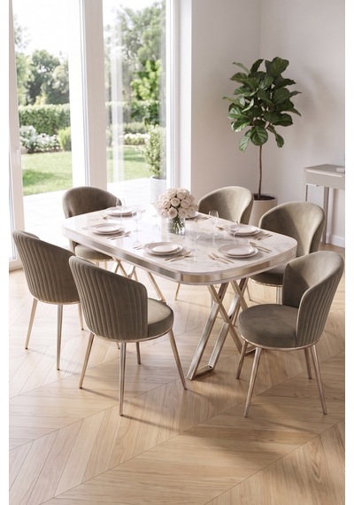 Nisare Serisi 90x168 Lak Panel Beyaz Mermer Masa Takımı Krom Ayaklı 6 Sandalye Beyaz Mermer Masa Cappucino Sandalye Krom Ayak Nisare Serisi 90x168 Lak Panel Beyaz Mermer Masa Takımı Krom Ayaklı 6 Sandalye Beyaz Mermer Masa Cappucino Sandalye Krom Ayak
