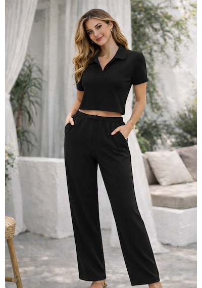 Mekaizen Kadın Fitilli Kumaş Polo Yaka Crop Üst & Bol Paça Pantolon Siyah Takım Siyah