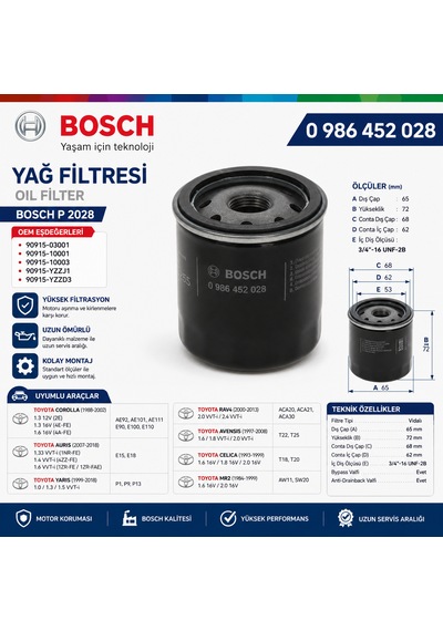 Bosch Yağ Filtresi 0986452028 Toyota Corolla Auris Avensis Yaris Rav4 P2028